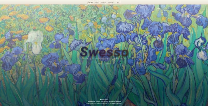 Swesso's welcome screen: Van Gogh's Irises behind the Swesso wordmark